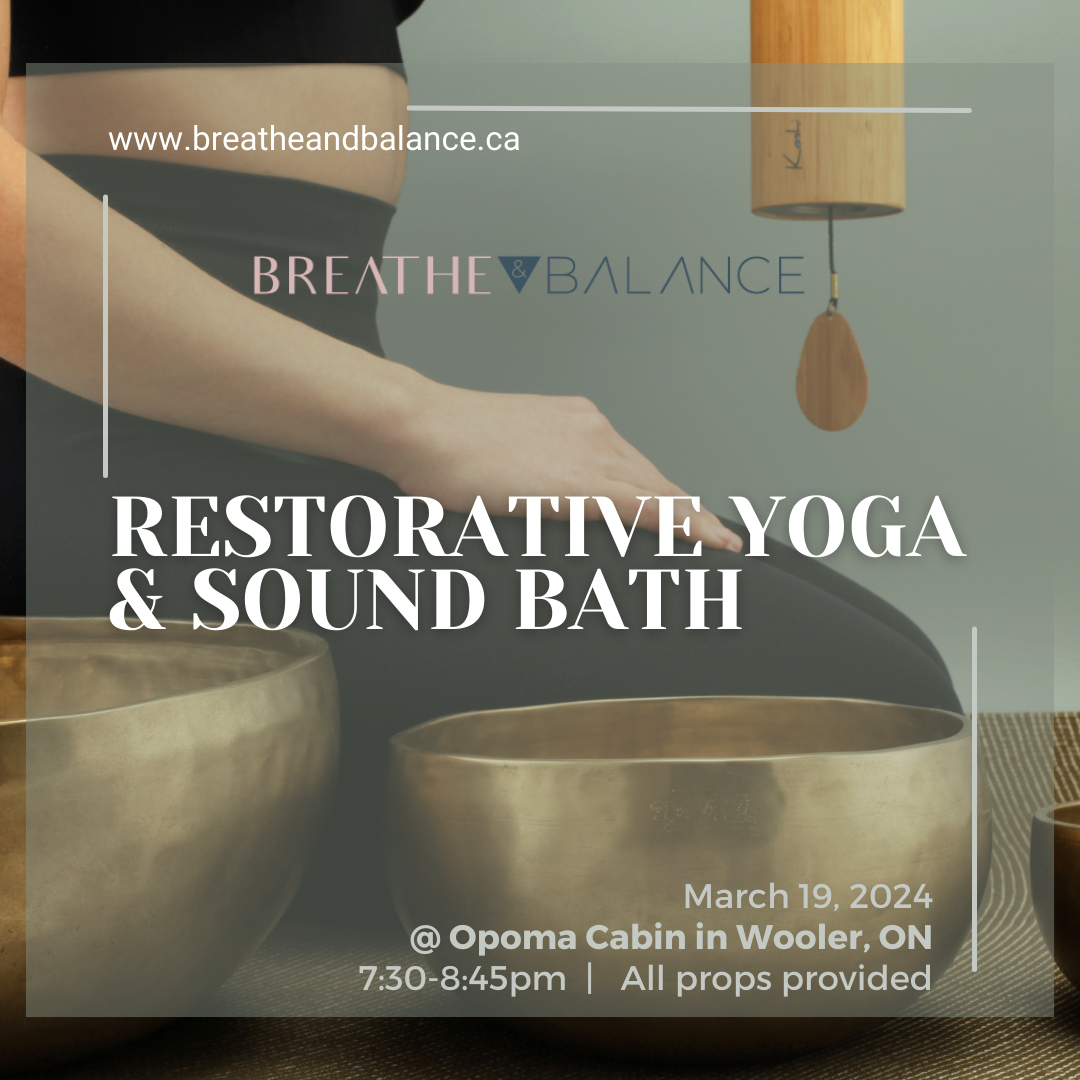 image of sound bowls with title "Restorative Yoga & Sound Bath"