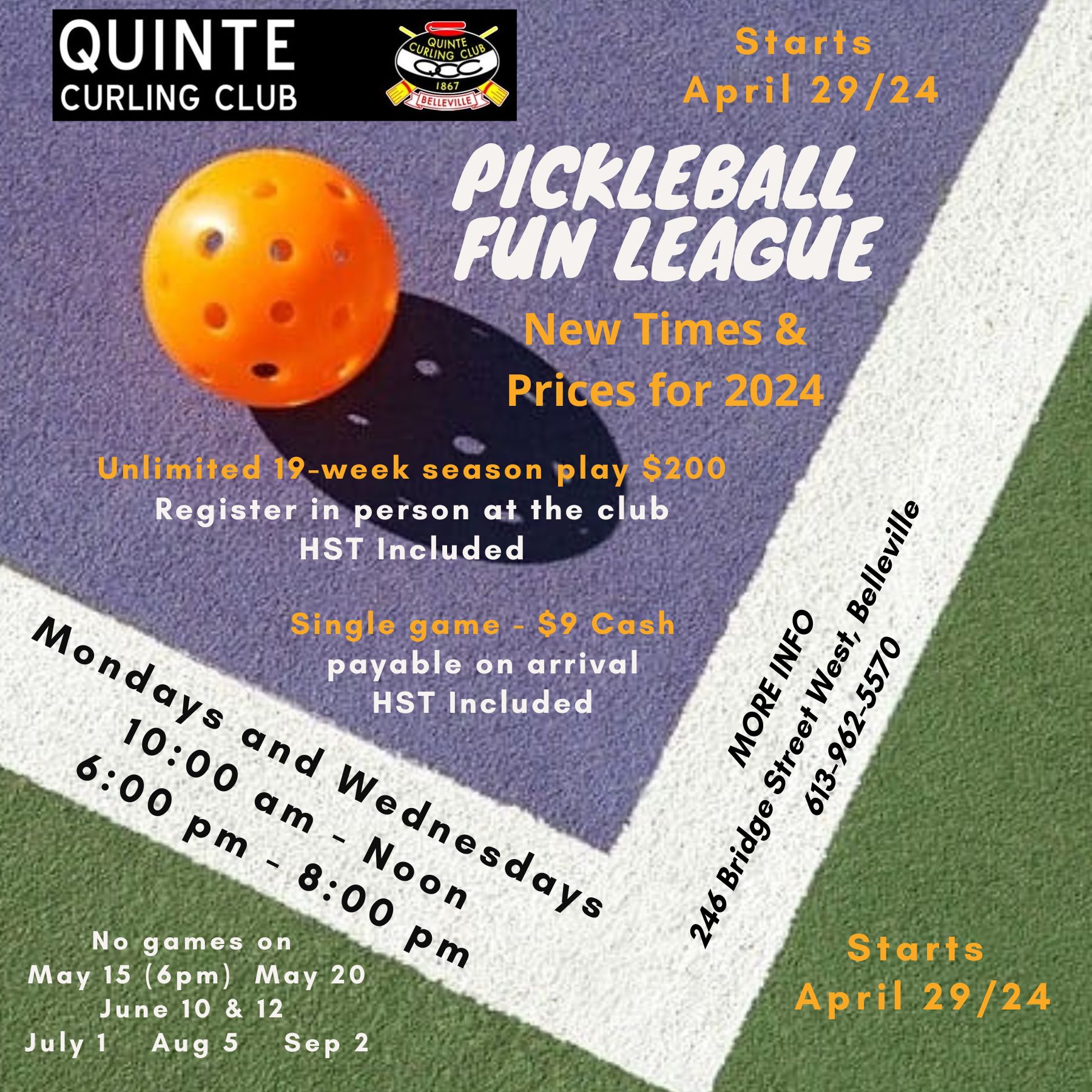 Poster titled "Pickleball Fun League" with event details on it. Has a picture of a pickleball on a court