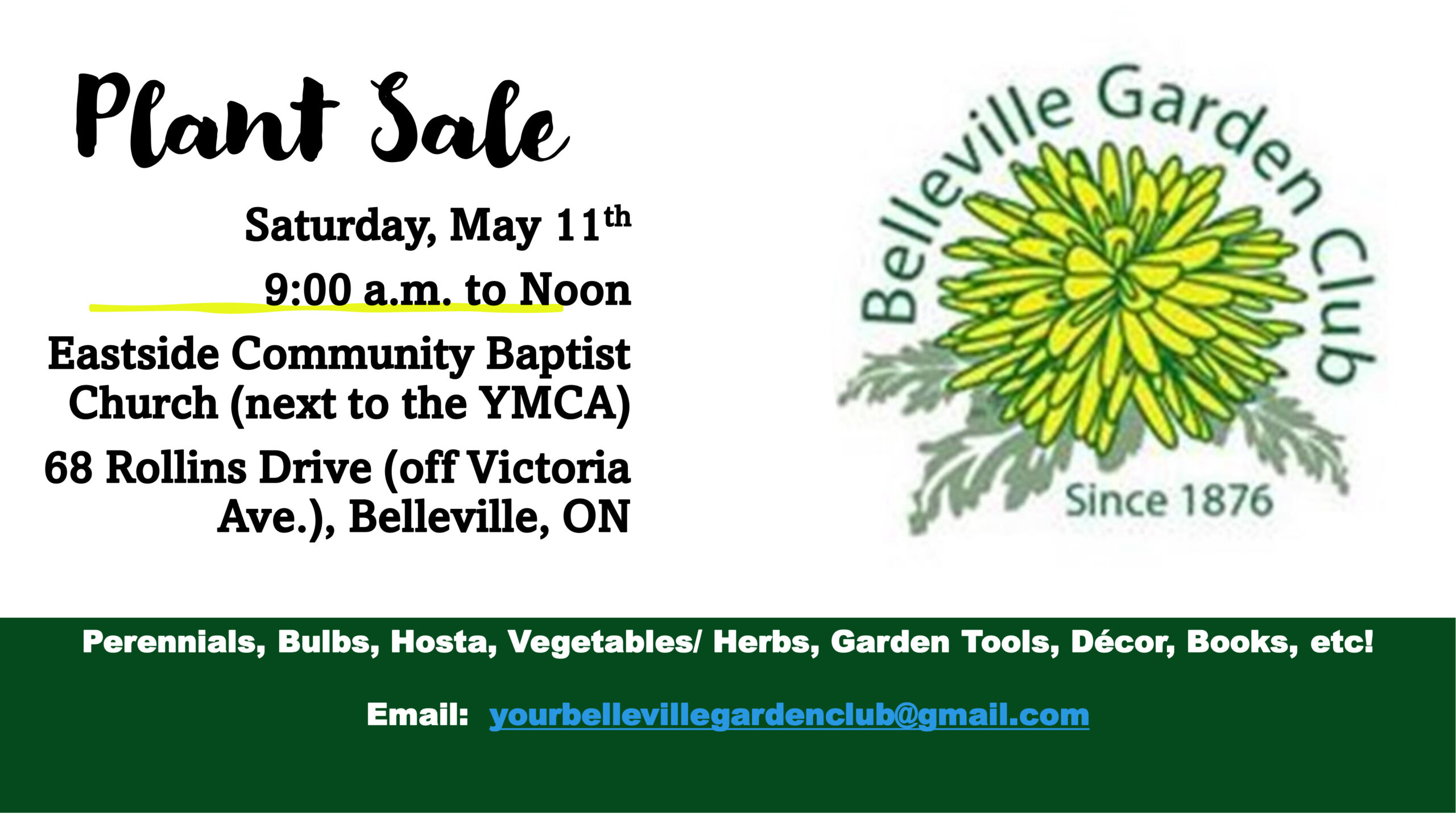 Poster titled plant sale with details. Has the Belleville Garden Club logo as well.