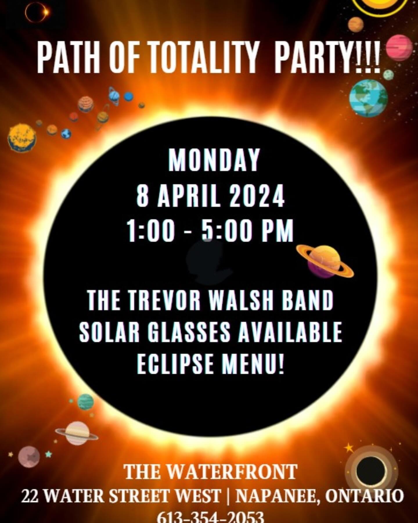 Poster for event with photo of an eclipse. Titled :"Path of Totality Party"
