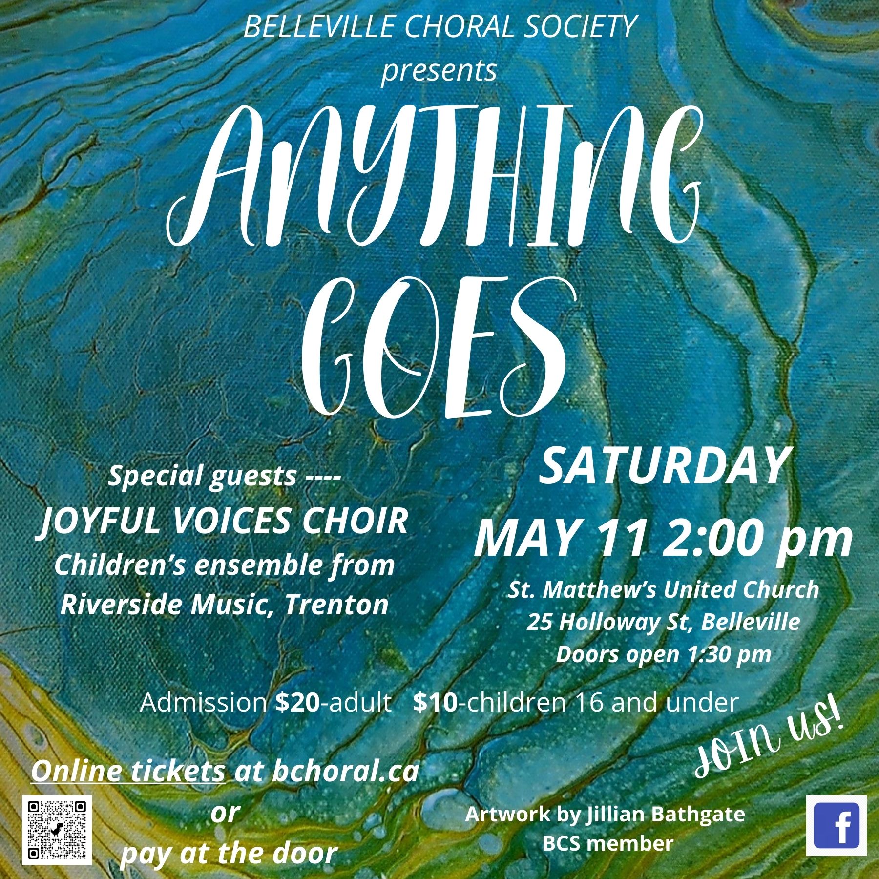 Poster with title "Anything Goes" has blue textured background and event details