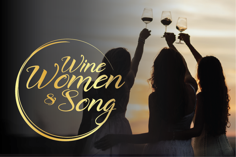 Poster titled "Wine Women & Song" with photo of women toasting wine glasses.