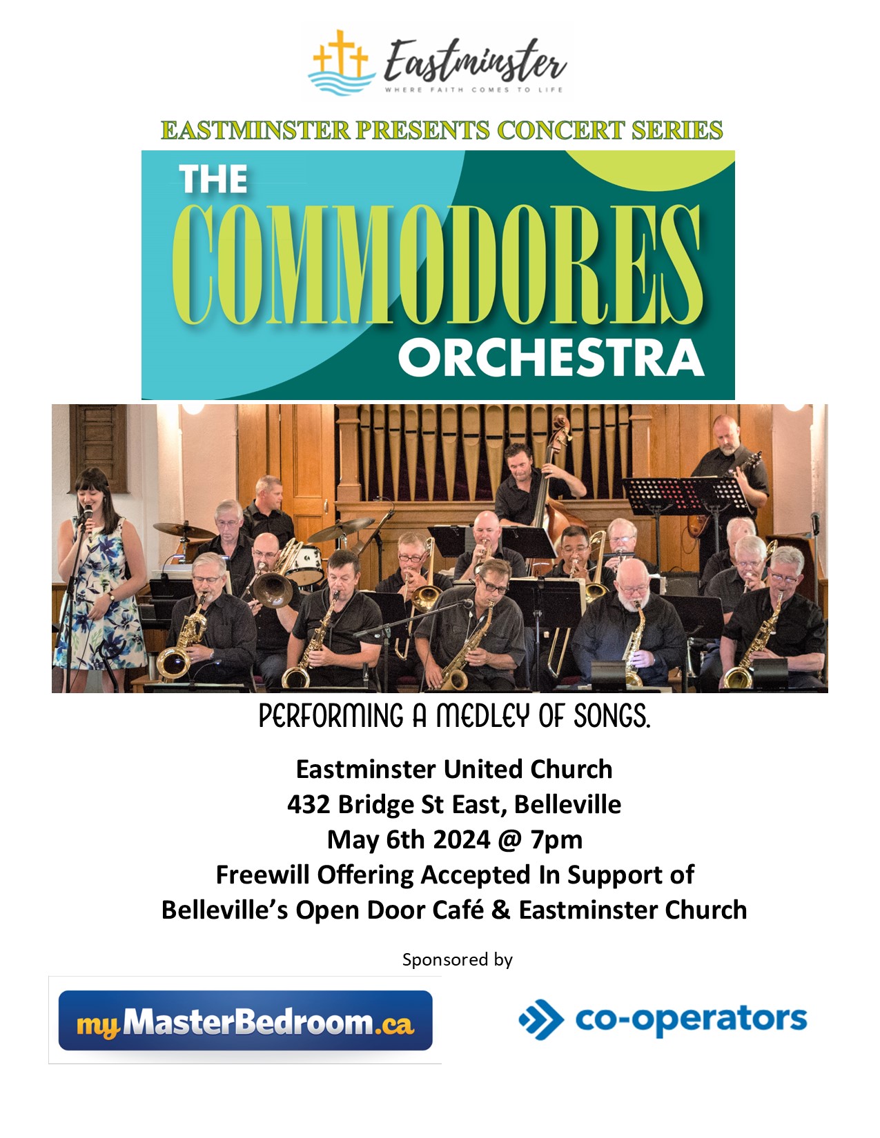 Poster titled "The commodores" with a photo of the group playing
