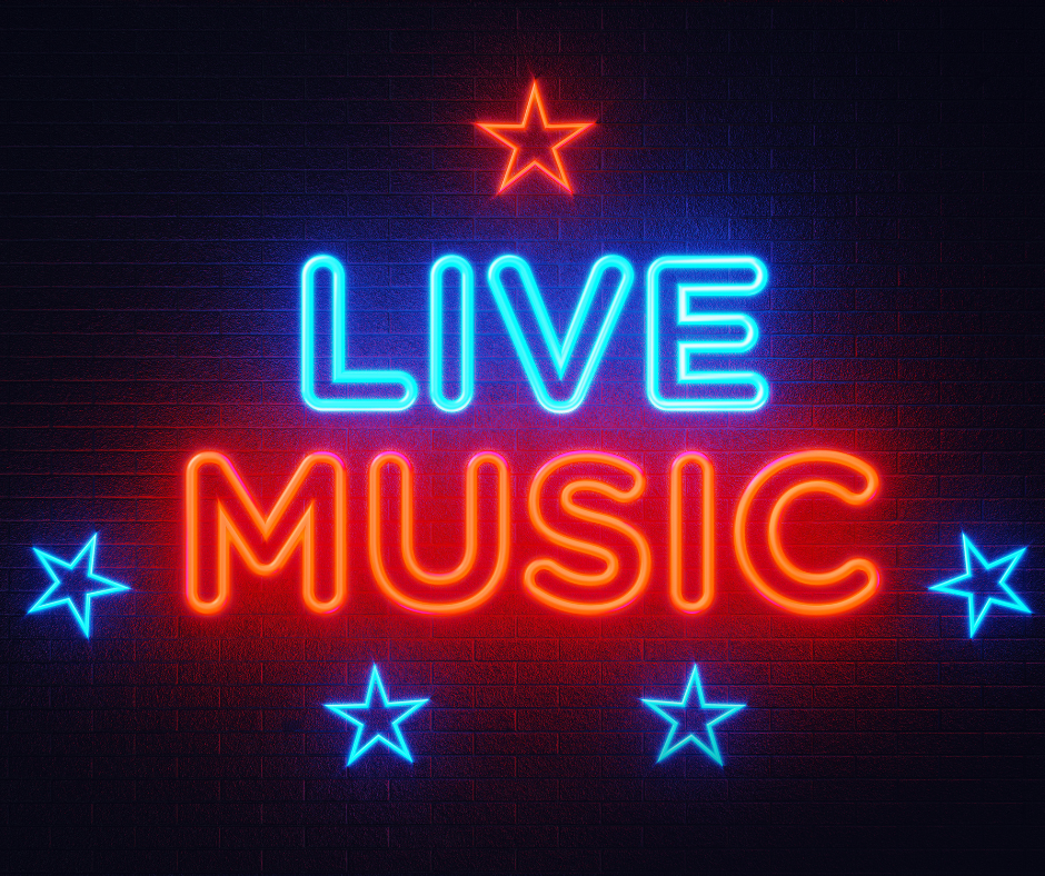 poster that reads "Live Music" in a neon styled font