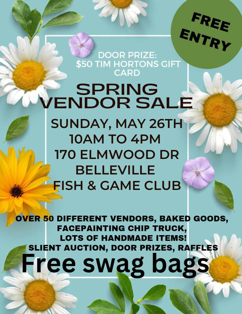 Poster titled "Spring Vendor Sale" with event details and photos of flowers.