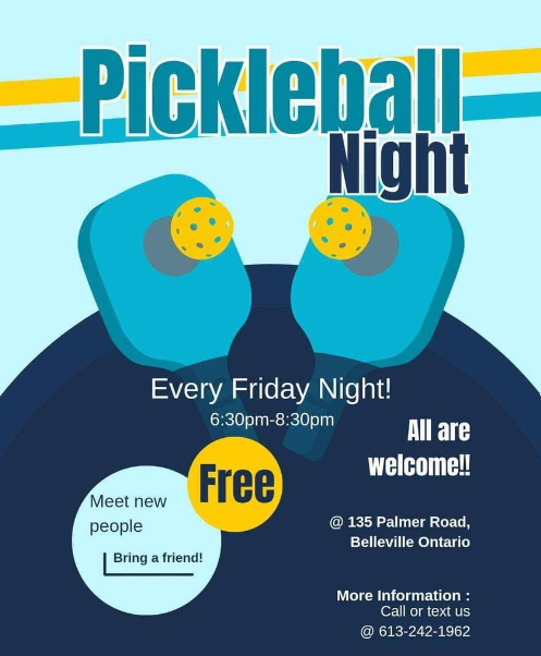 Poster titled "Pickleball Night" with event details and graphic of paddles