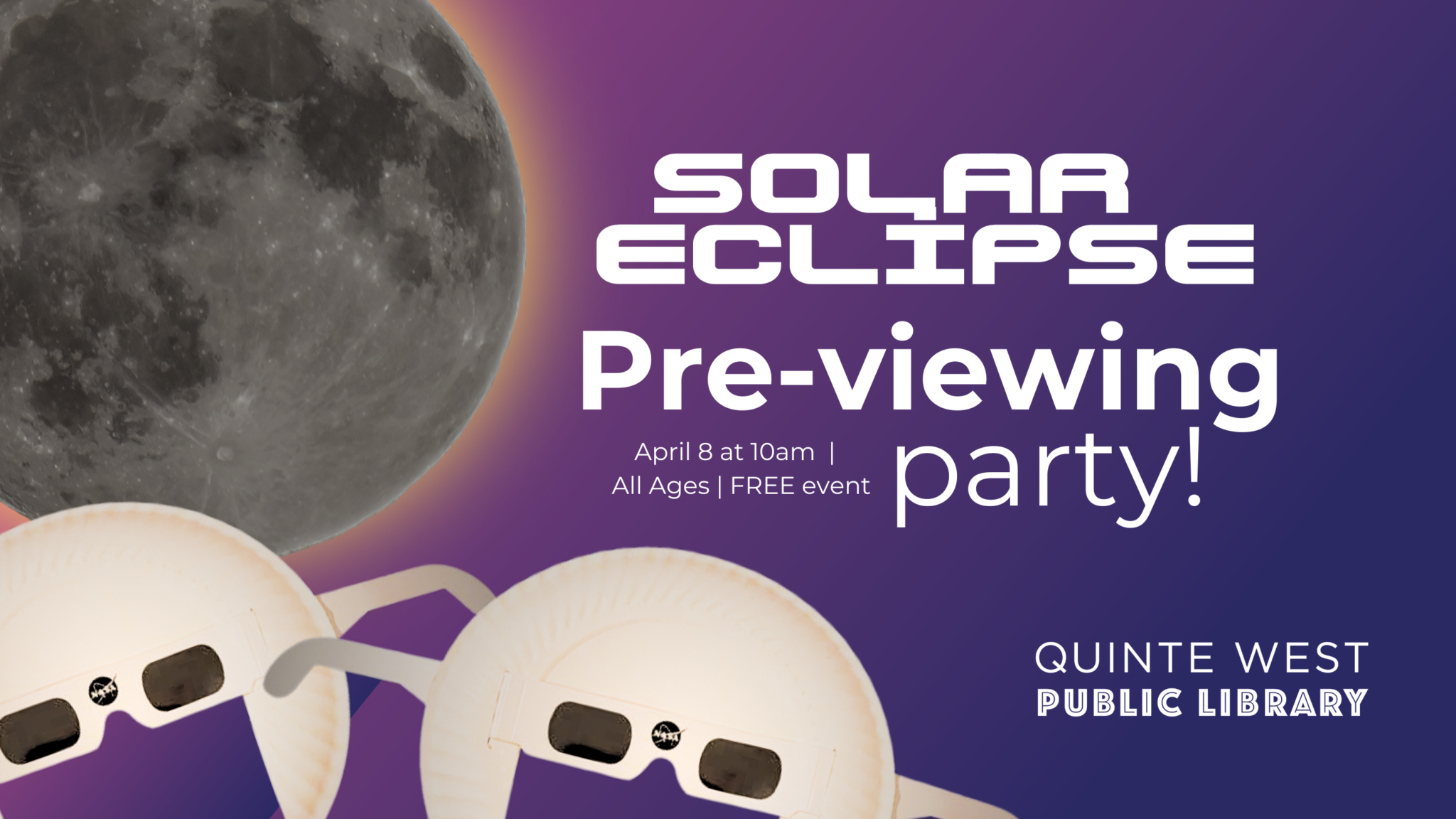 poster showing an eclipse, eclipse classes and a purple background. Titled "Solar Eclipse Pre-viewing party".