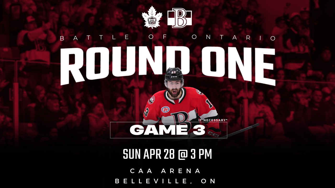 event poster titled "Round One" with a photo of a belleville sens player in uniform.