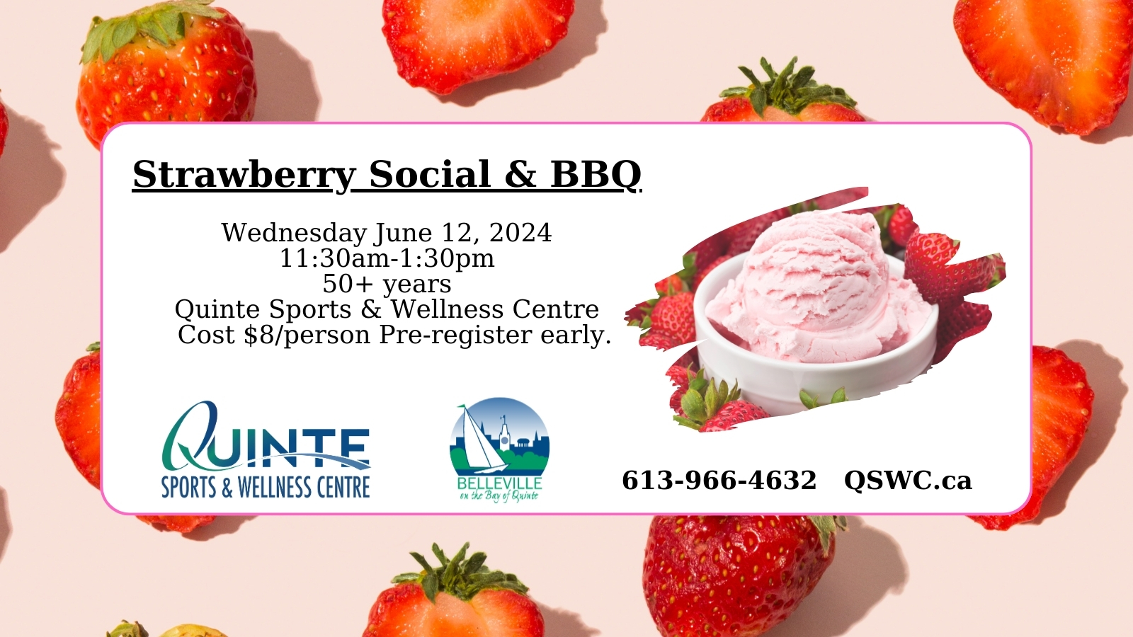 Poster titled "Strawberry Social" with photos of strawberries and event details