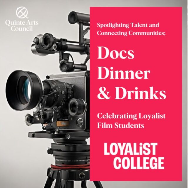 Poster titled "Docs, Dinner & Drinks" has a photo of a film camera and event details