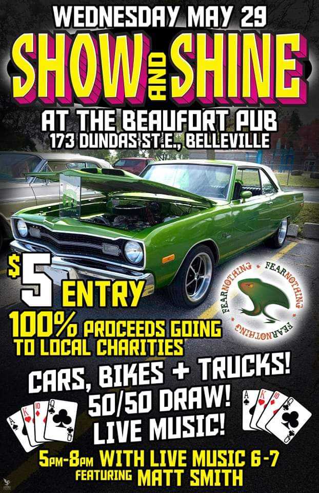 poster for event titled "Show and Shine" with details and a photo of a green muscle car.