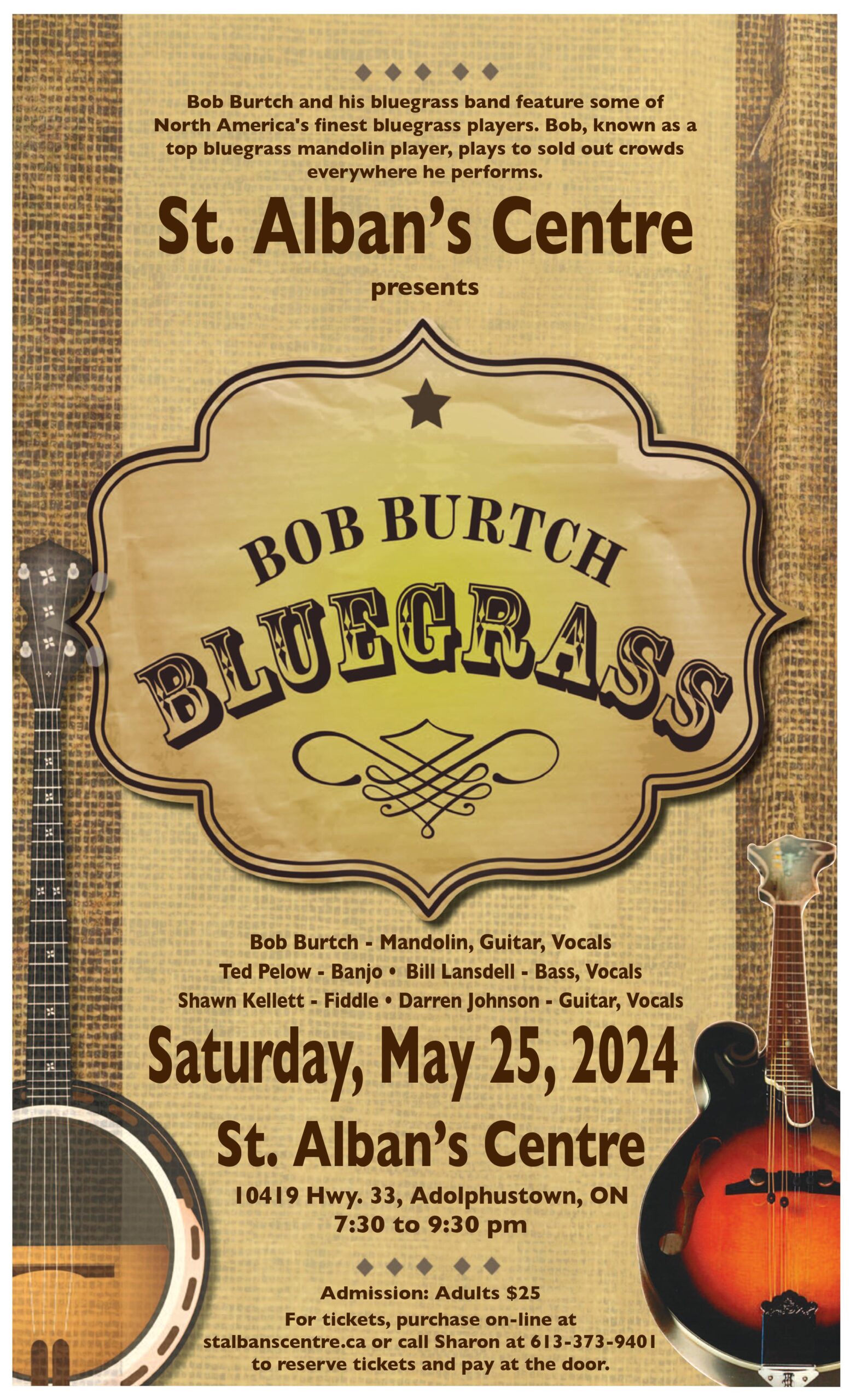 poster for event with details and drawing of bluegrass instruments.
