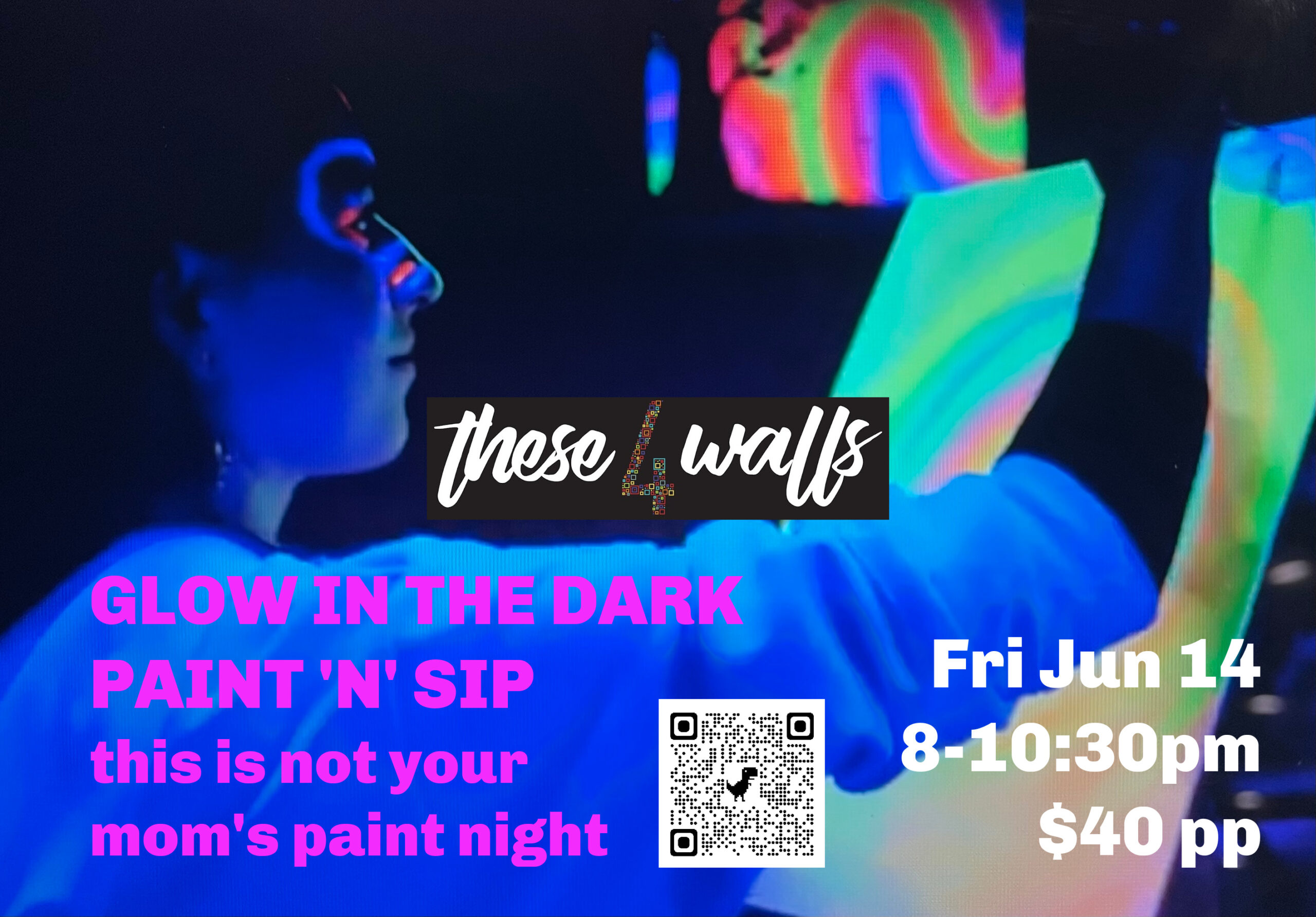 Photo of Glow in the dark painting. Also, has event details on it.