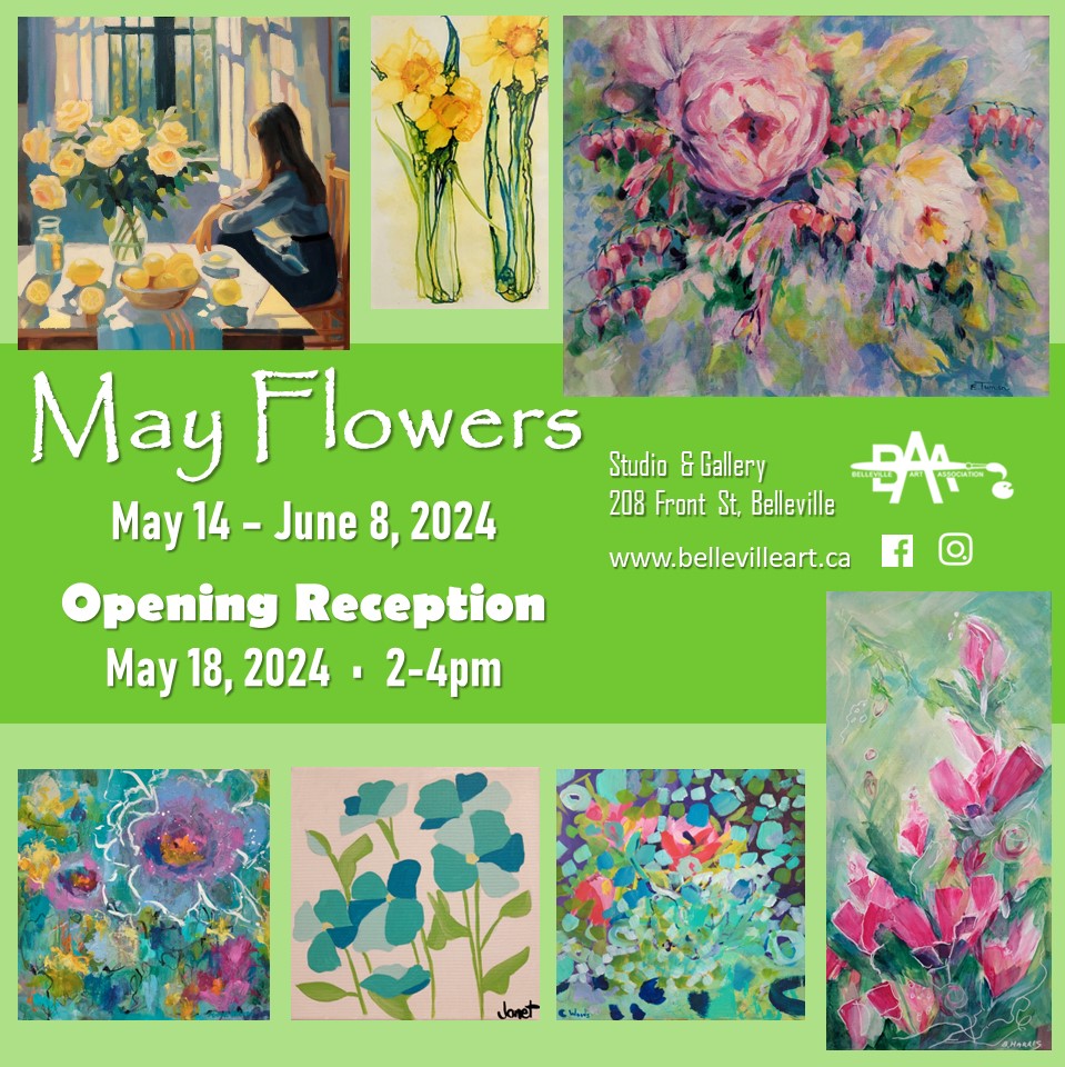 Poster titled "May Flowers". Features photo of flower paintings
