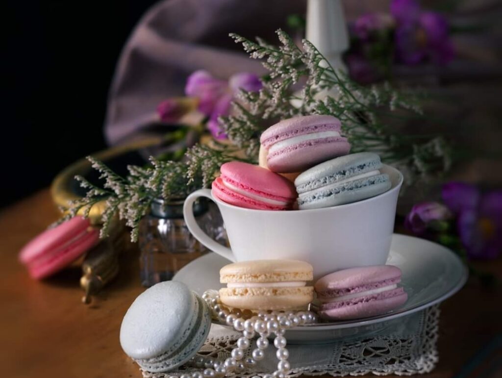 several pastel-coloured french macarons