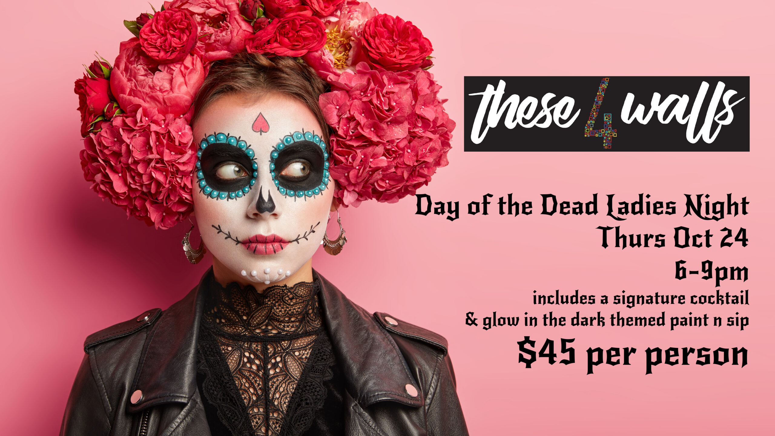 Photo of person wearing Day of the Dead attire and event details.