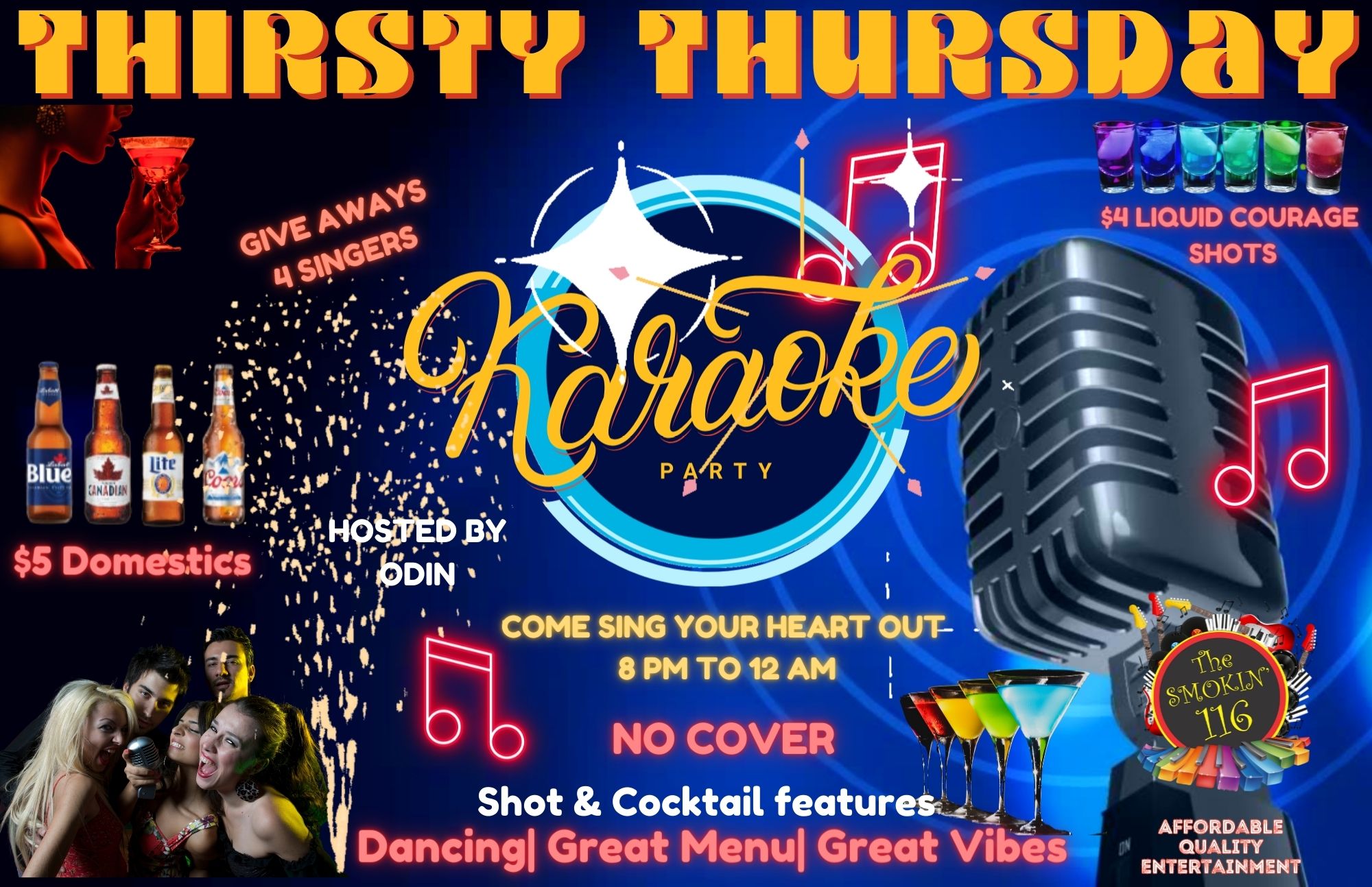 poster titled "Thirsty Thursday Karaoke" has images of microphones, music notes and other bar related content.