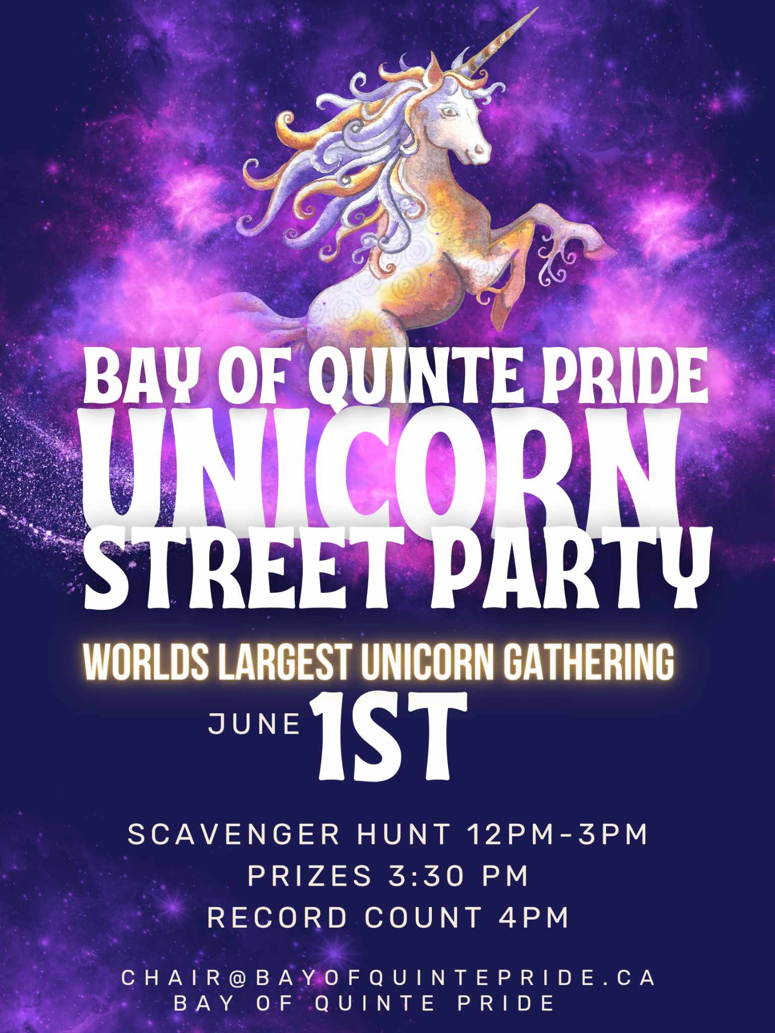 Poster with graphic of a unicorn and a purple fog background. Also, has event details.