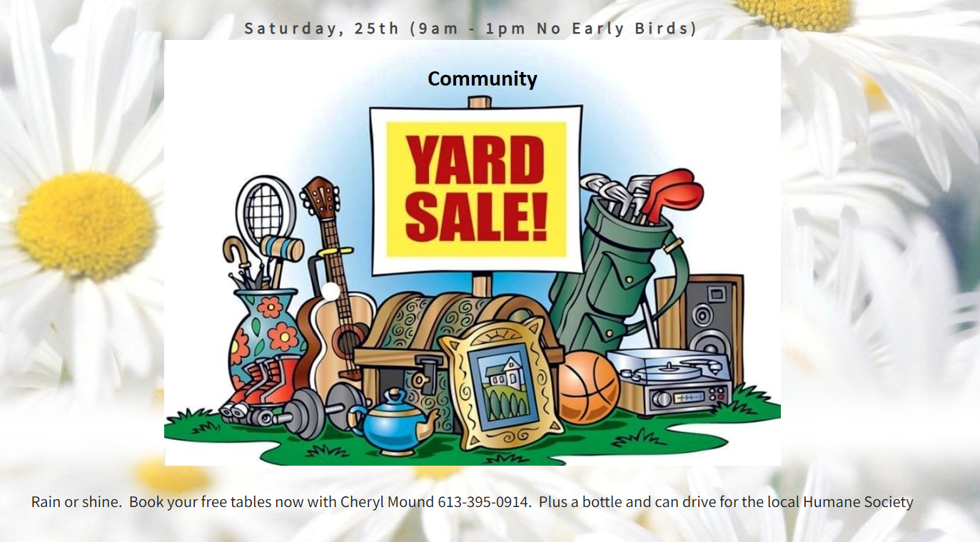 Poster titled "Yard Sale" with drawing of a yard sale scene.