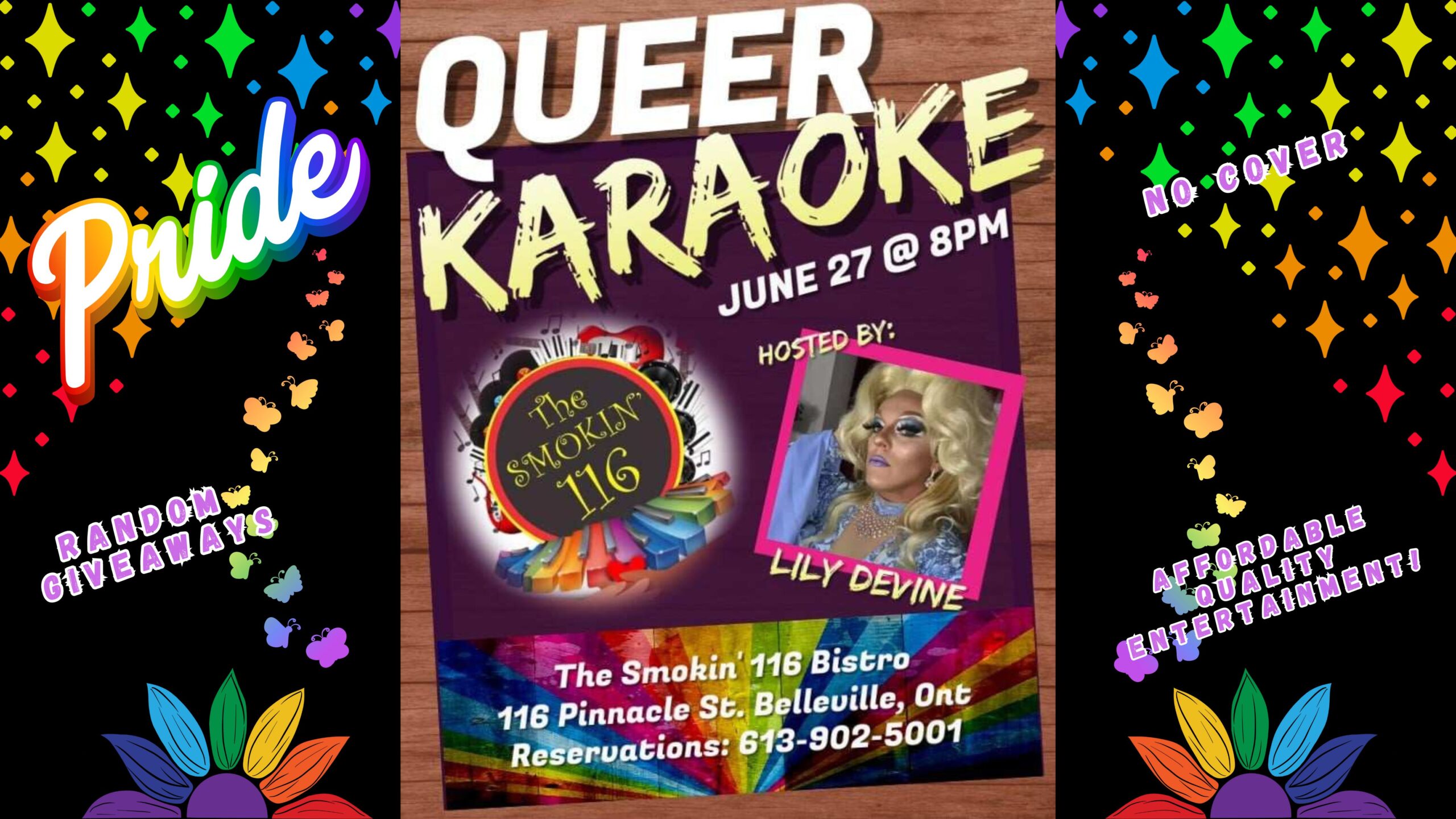 Poster for event with photo of performer and information. Titled "Queer Karaoke"