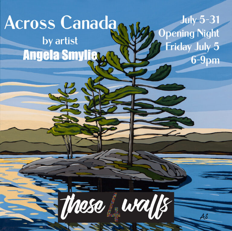 Poster with event details and a picture of a painting by the artist in a watercolour style. Painting is of a small island with pine trees.