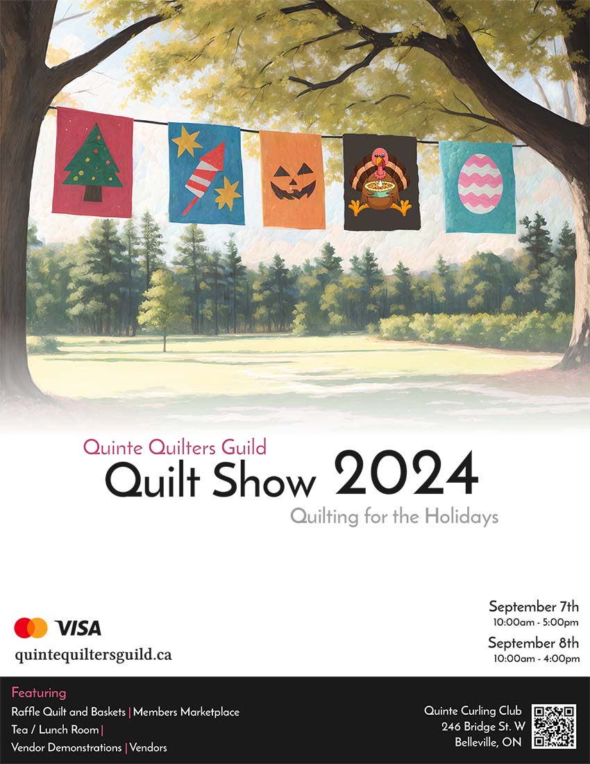 Photo of quilts hanging on a clothes line with event title "Quilt Show 2024"