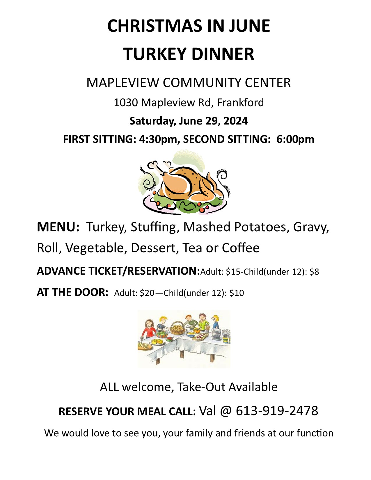 Poster with event details and graphic of a turkey dinner