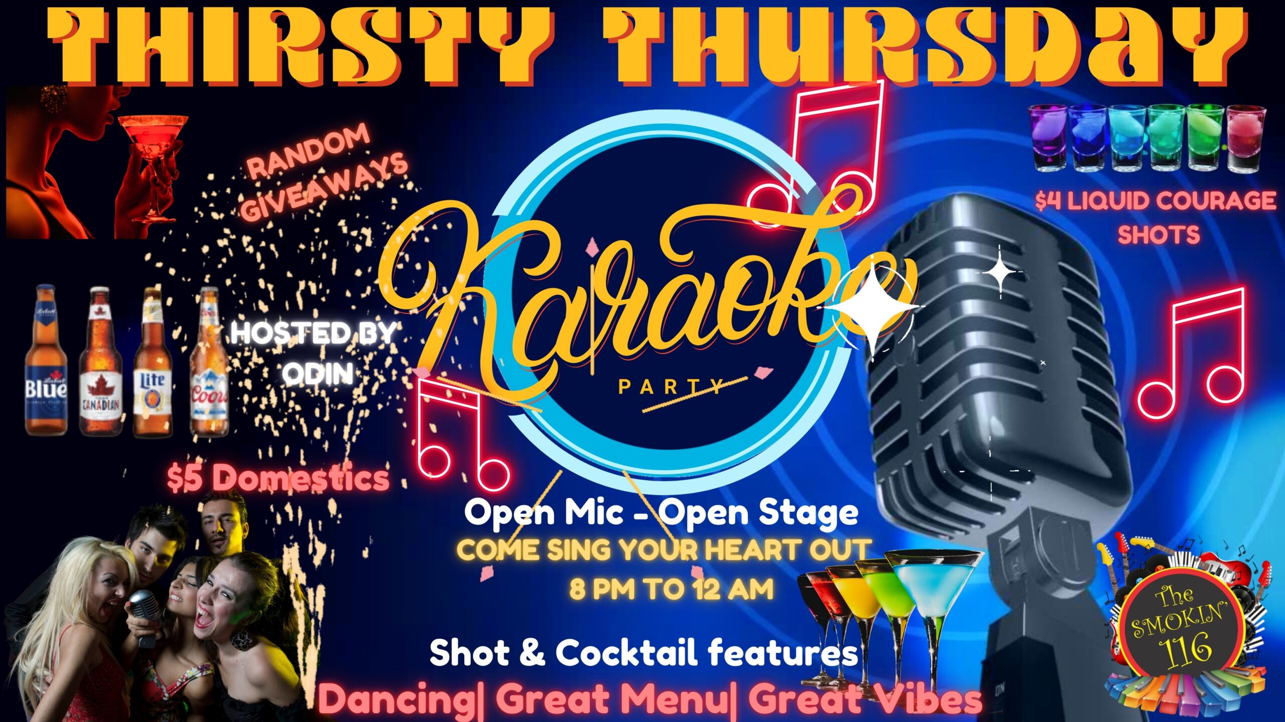 Poster titled "Thirsty Thursday Karaoke" with bar releated imagery and a large microphone.