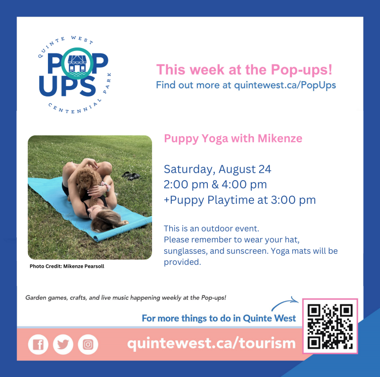 Poster titled "Puppy Yoga with Mikenzie" with photo of a dog on a yoga mat and event details.