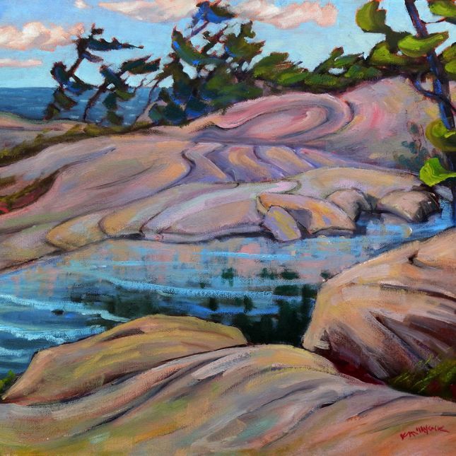 watercolour painting of rock shoreline