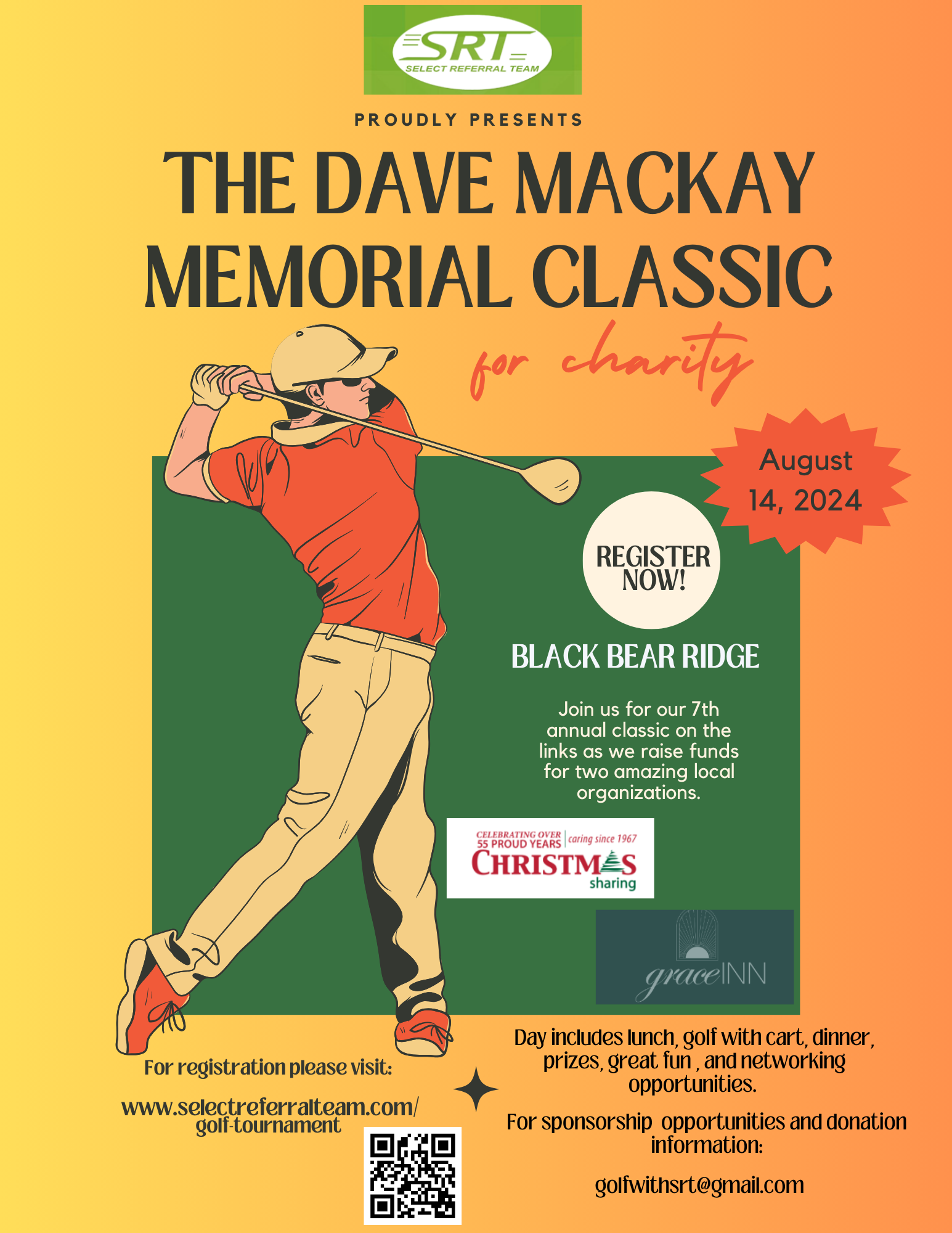 Poster for golf tournament with graphic of golfer swinging a driver with event details listed as well.
