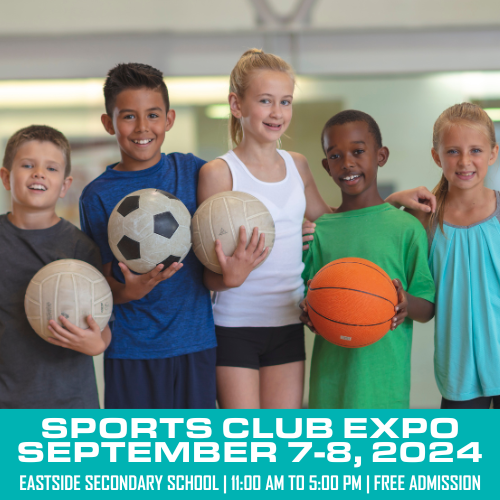 Photo of children in sports attire with sport balls. Titled "Sports Club Expo"