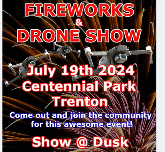 Poster for event with graphics of drones flying in front of a firework.