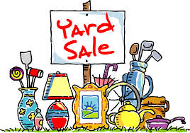 Graphic of yard sale with various items.