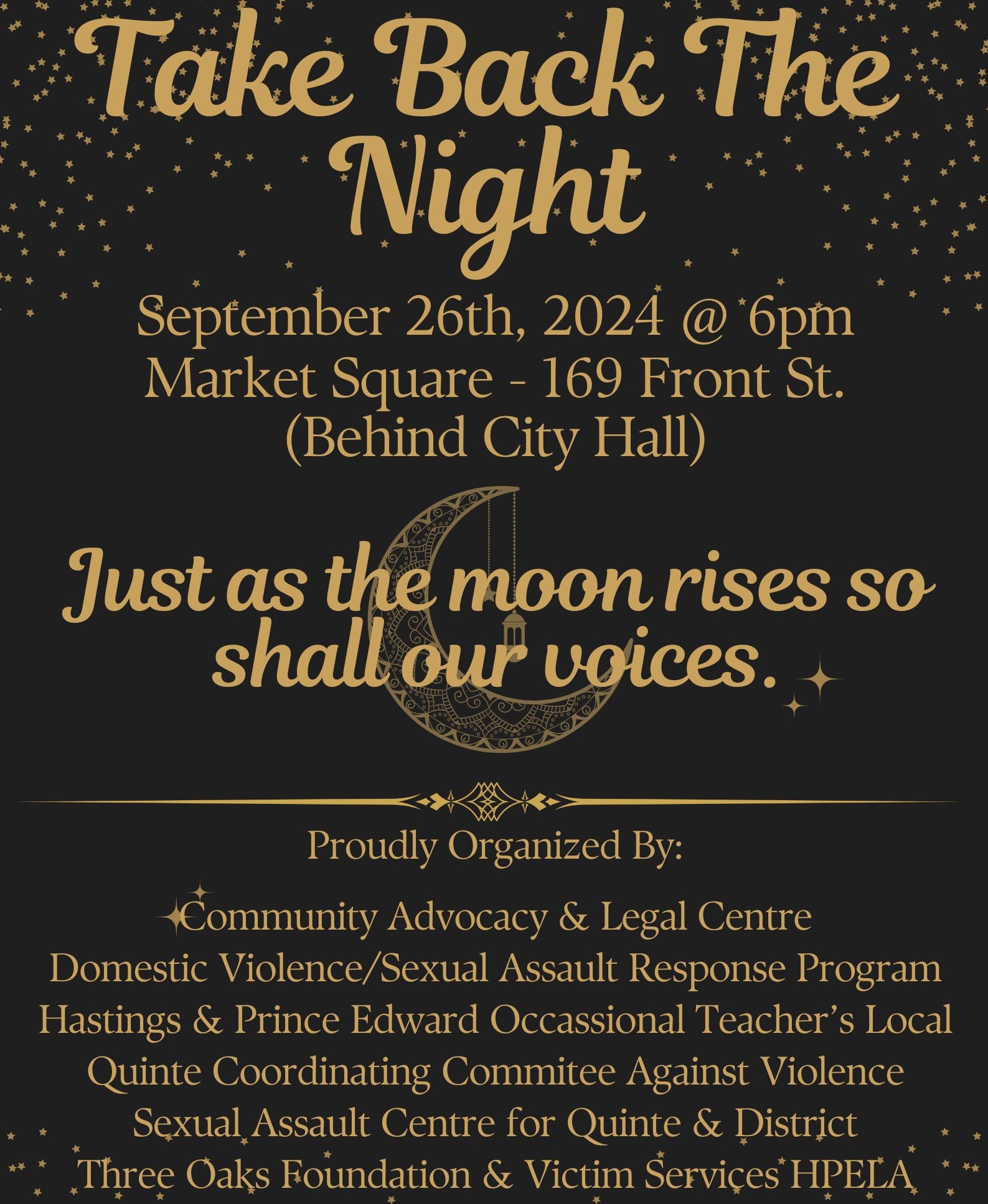 Poster with event details with a gold and black design.