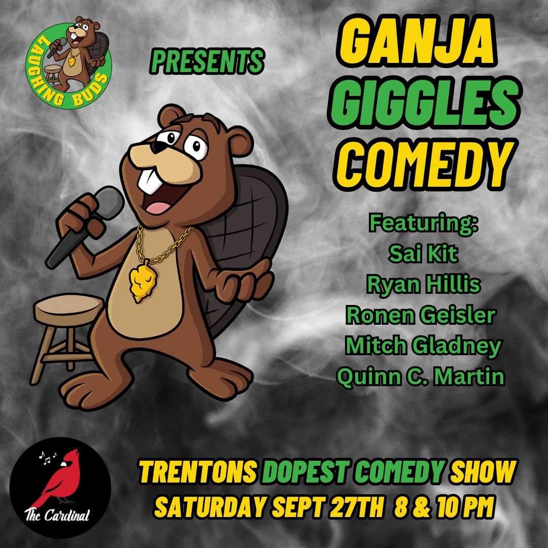 Poster for event with graphic of a beaver doing stand-up comedy.