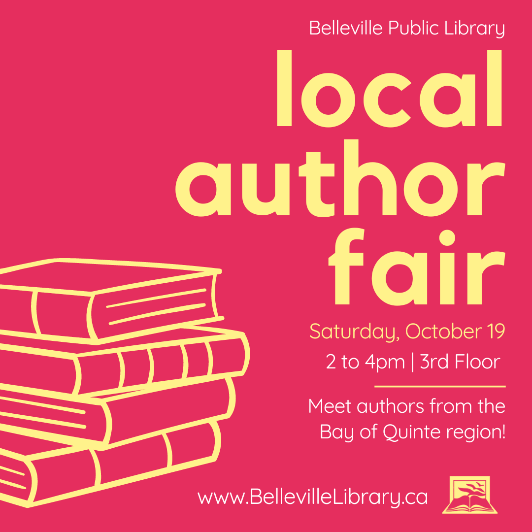 Poster titled "Local Author Fair" with a graphic of a stack of books.