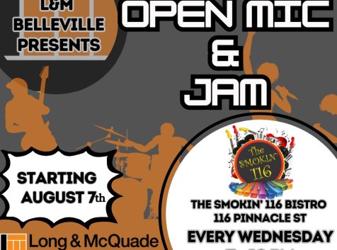 Poster titled Open Mic & Jam with Long and McQuade logos and Smokin' Bistros logo.