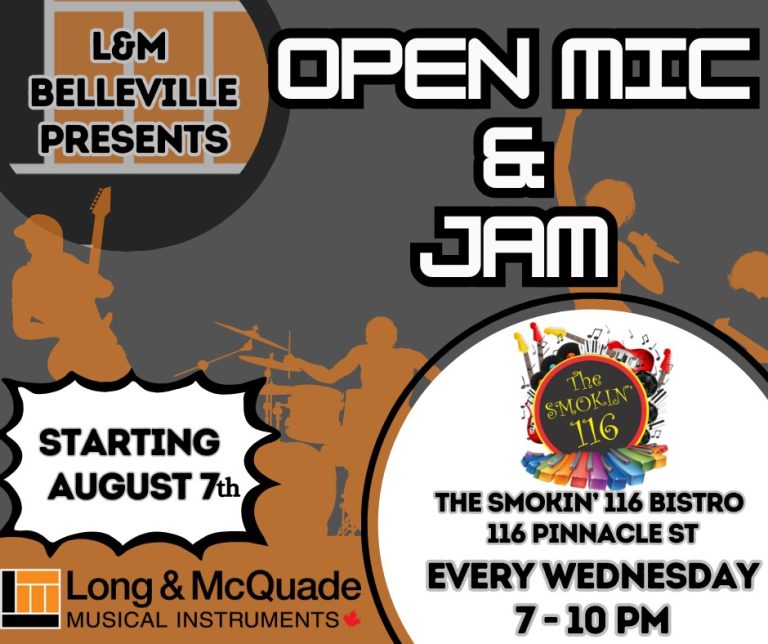 Poster titled Open Mic & Jam with Long and McQuade logos and Smokin' Bistros logo.