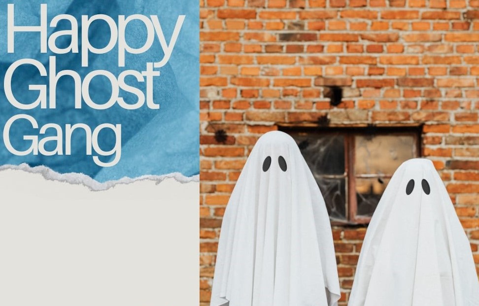 Photo of the performers (Happy Ghost Gang) wearing ghost costumes.