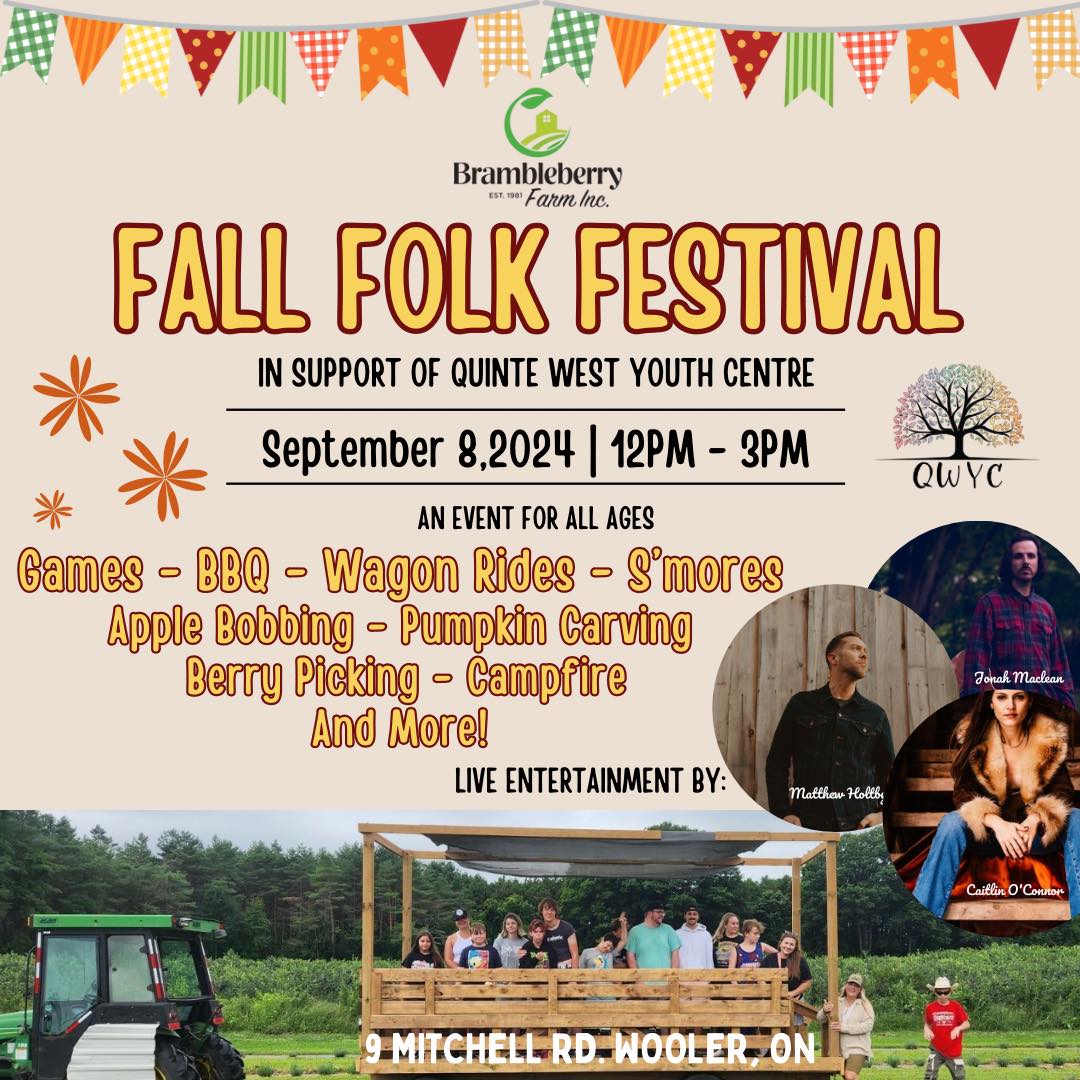 Poster for event titled Fall Folk Festival. Has photos of performers and the farm.