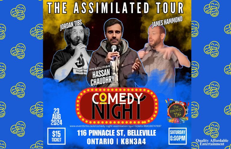 Poster with event details and photos of comedians