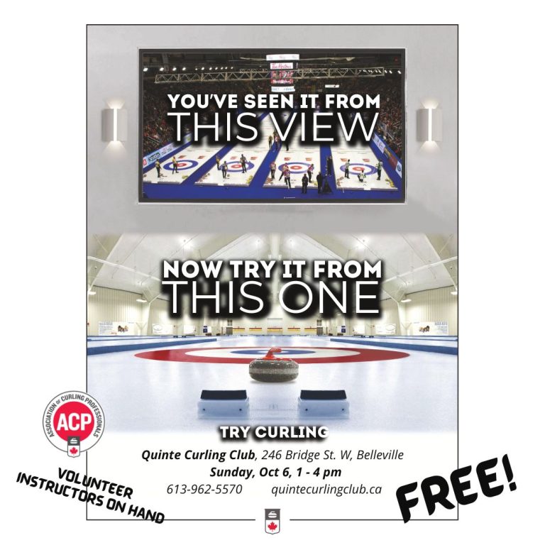 Poster for event with photo of curling arena and details.