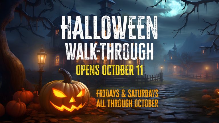 Poster for event titled "Halloween Walkthrough" with photo of a haunted house scene.