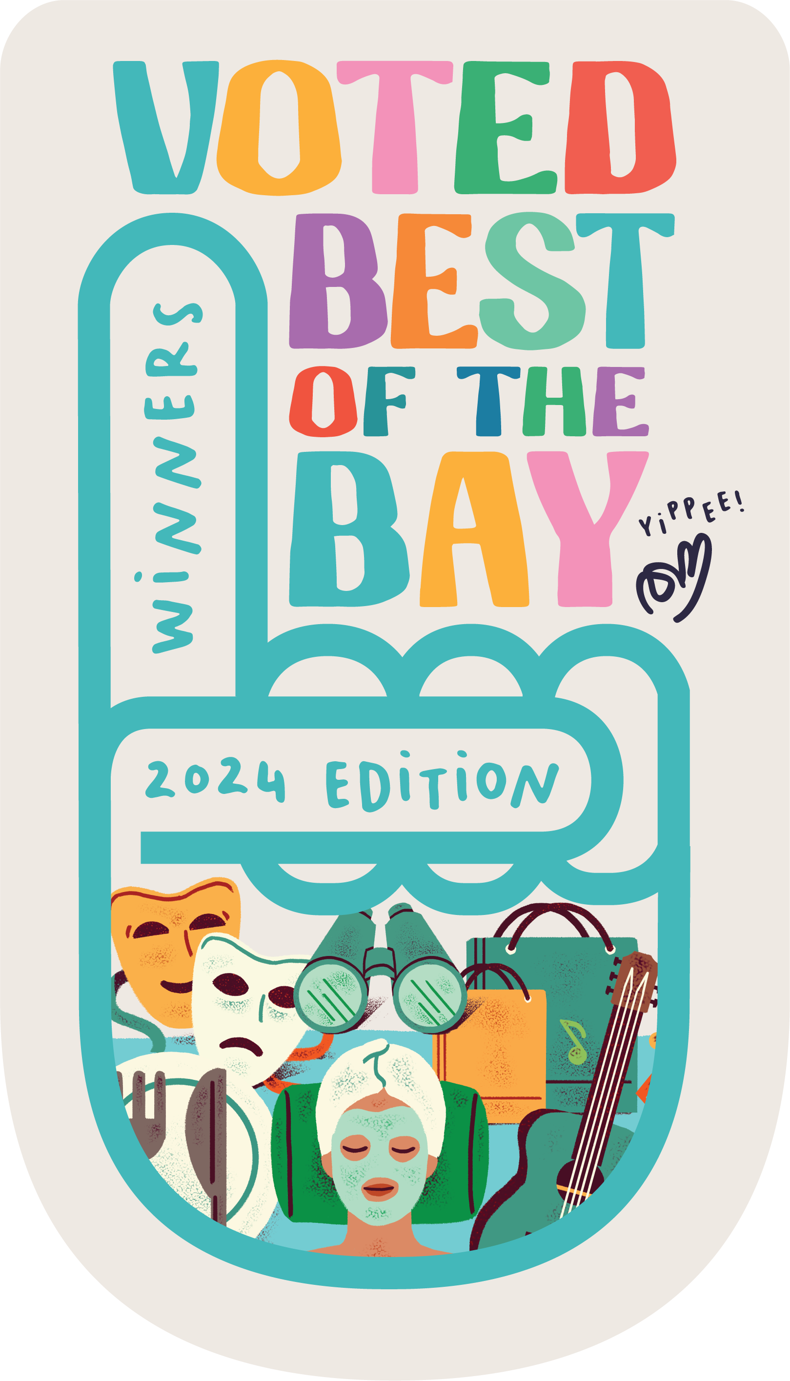 Illustration of a finger pointing up with the words VOTED BEST OF THE BAY in caps in pastel rainbow colours.