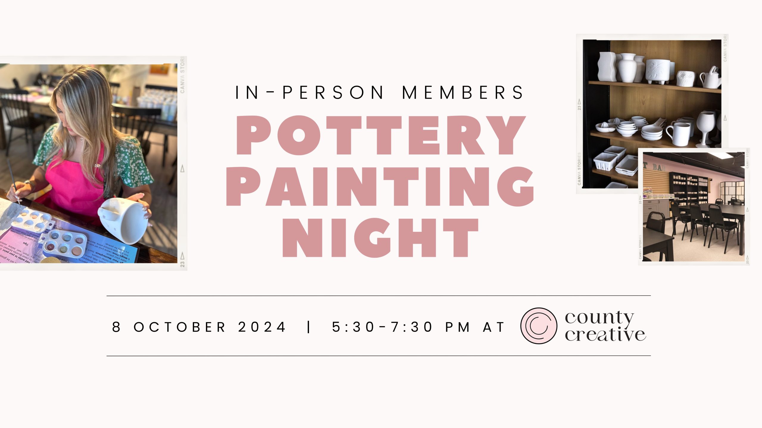 Poster for event with details and photos of people painting pottery.