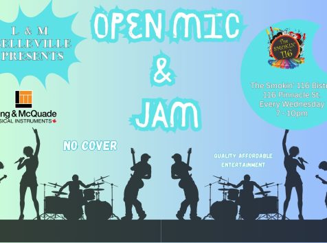 Poster titled: Open Mic and Jam with graphic of musicians playing