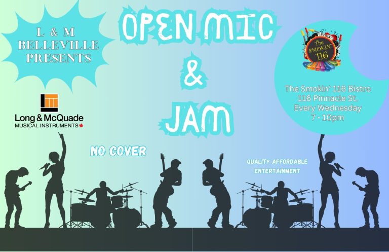 Poster titled: Open Mic and Jam with graphic of musicians playing