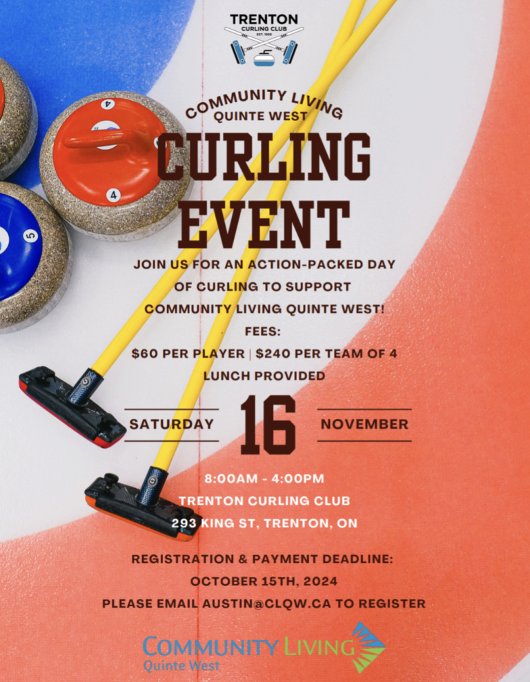 Poster for event with details on top of a curling equipment on a curling ice surface.