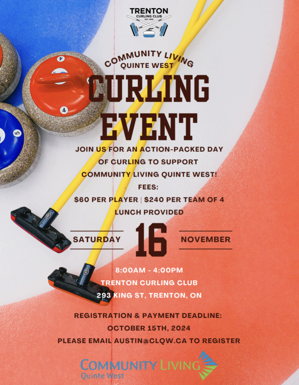 Poster titled "Curling Event" with details and a photo of curling equipment.